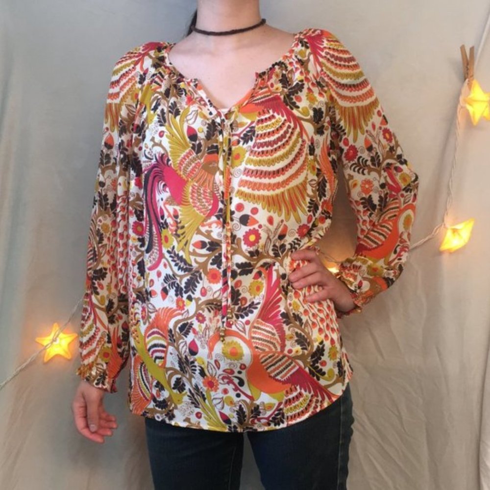 Charter Club Boho Sheer Orange Mustard Floral Top